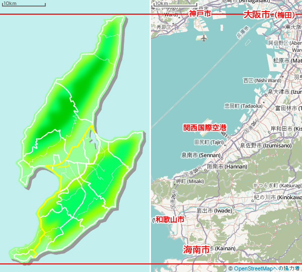 大阪近郊と佐渡を比較